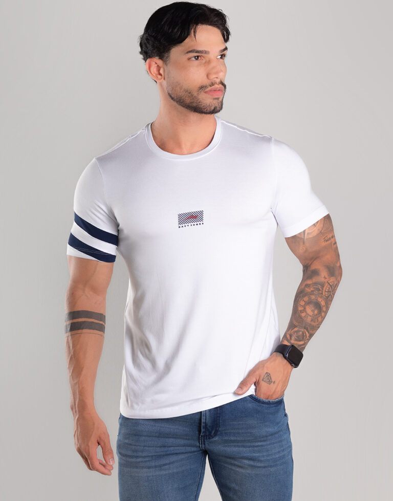 1719 Camiseta Masculina Gola Redonda Tecido Tecnologico Cor Branco 1