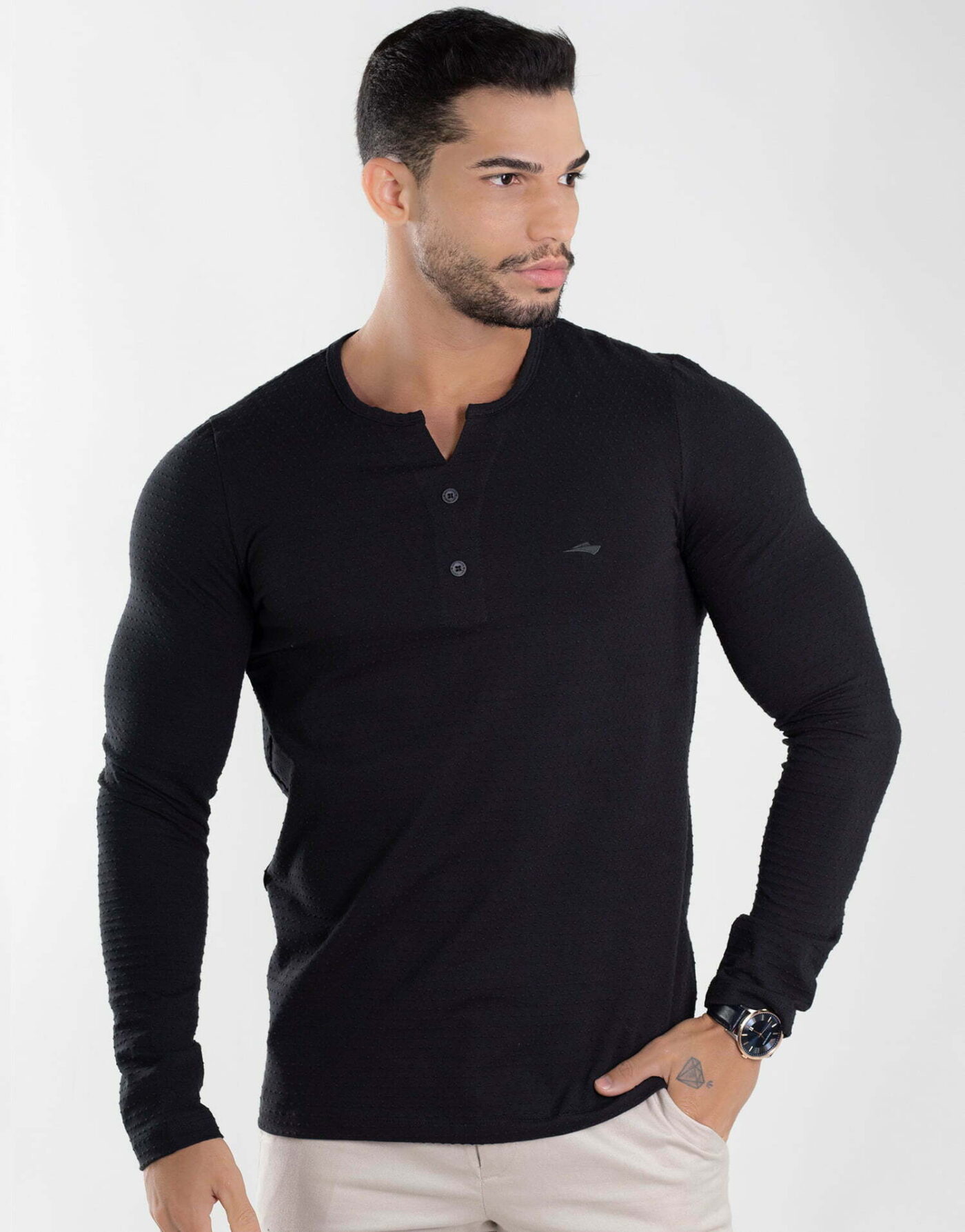 Camiseta Henley Conforto Absoluto Manga Longa Poá