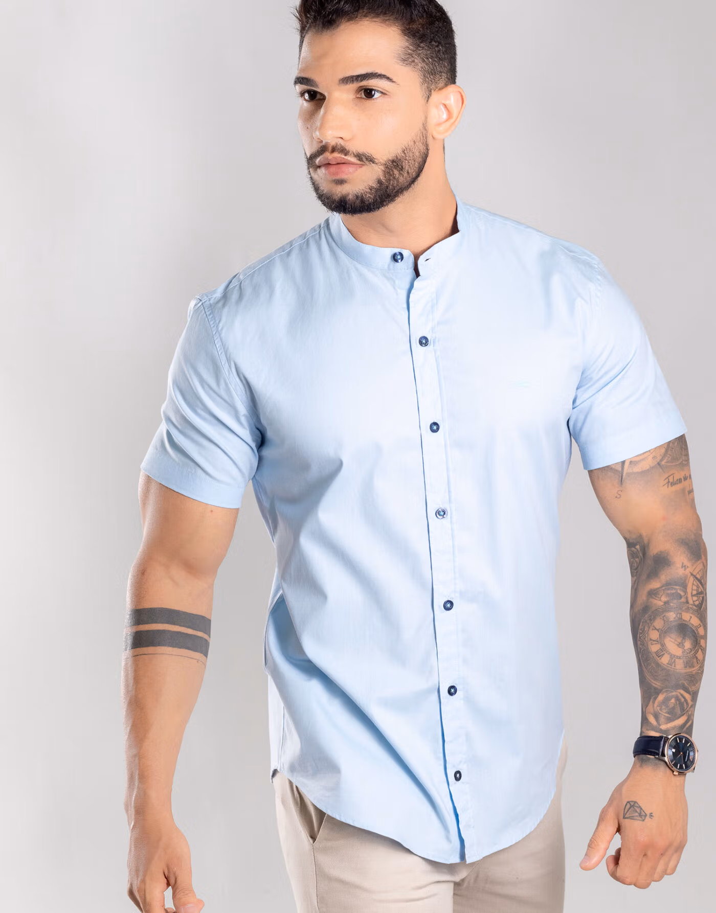 Camisa Gola Padre De Manga Curta Estilo E Elegância – Cor Azul Claro - Imagem 5
