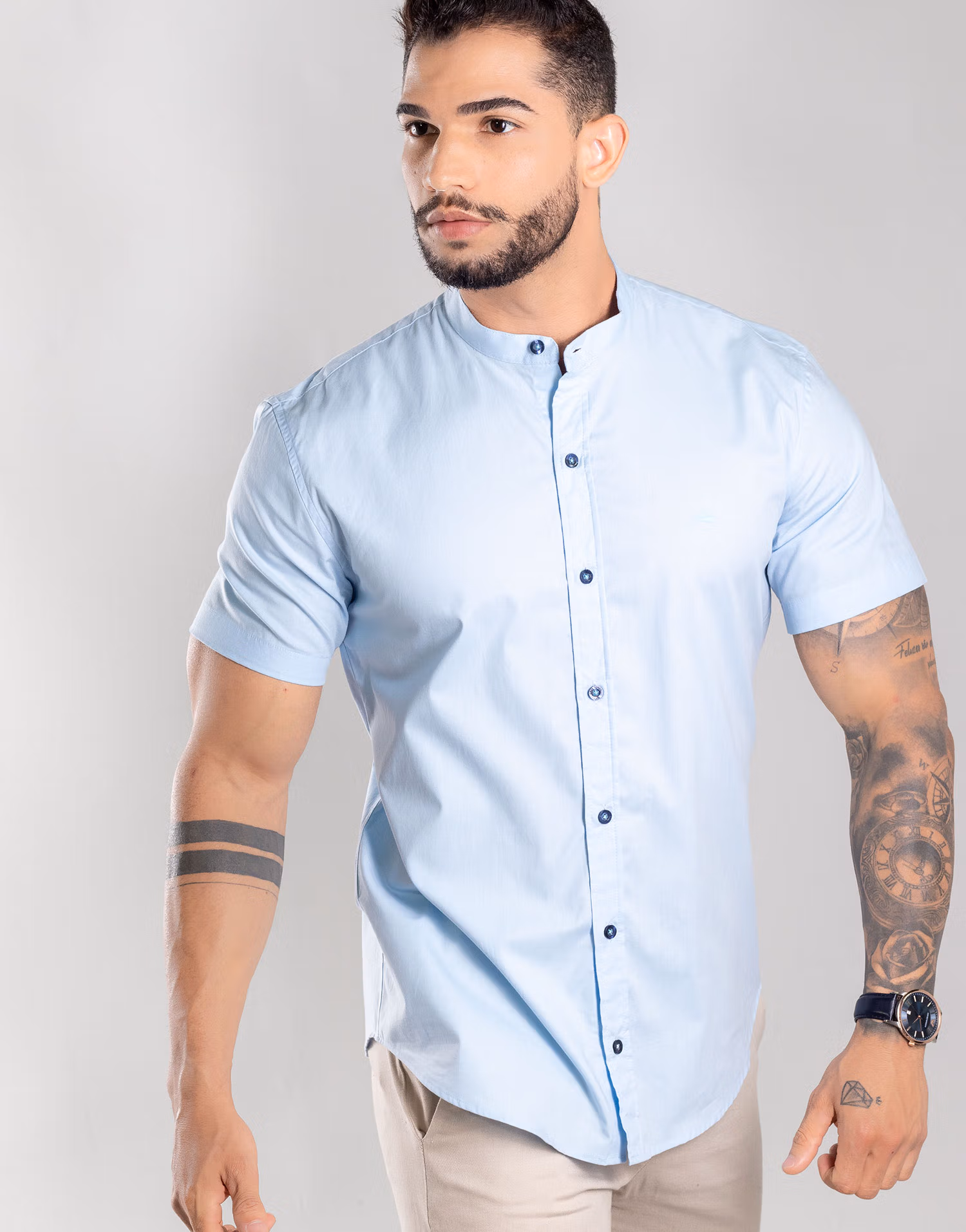 Camisa Gola Padre De Manga Curta Estilo E Elegância – Cor Azul Claro - Imagem 5