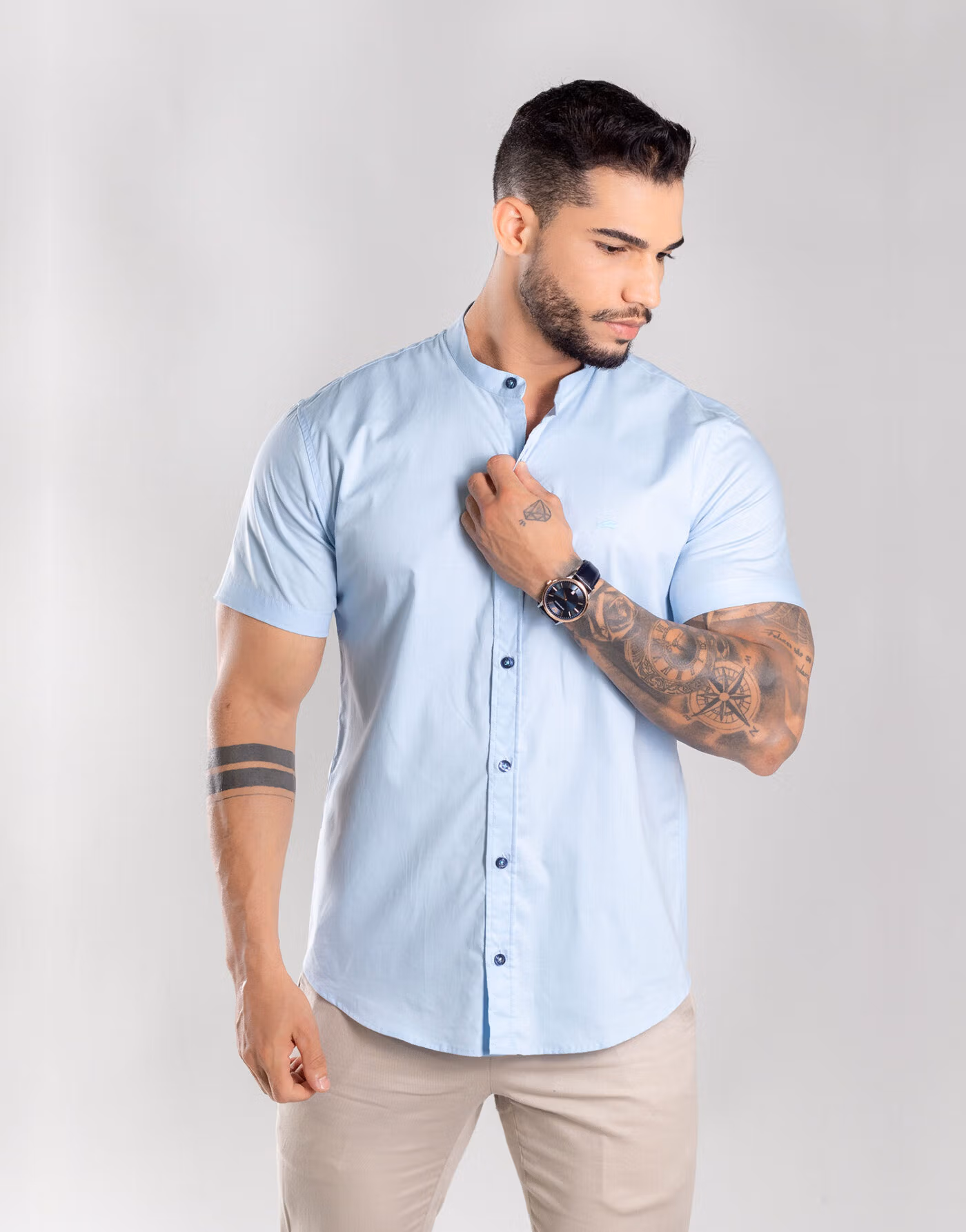 Camisa Gola Padre De Manga Curta Estilo E Elegância – Cor Azul Claro - Imagem 7
