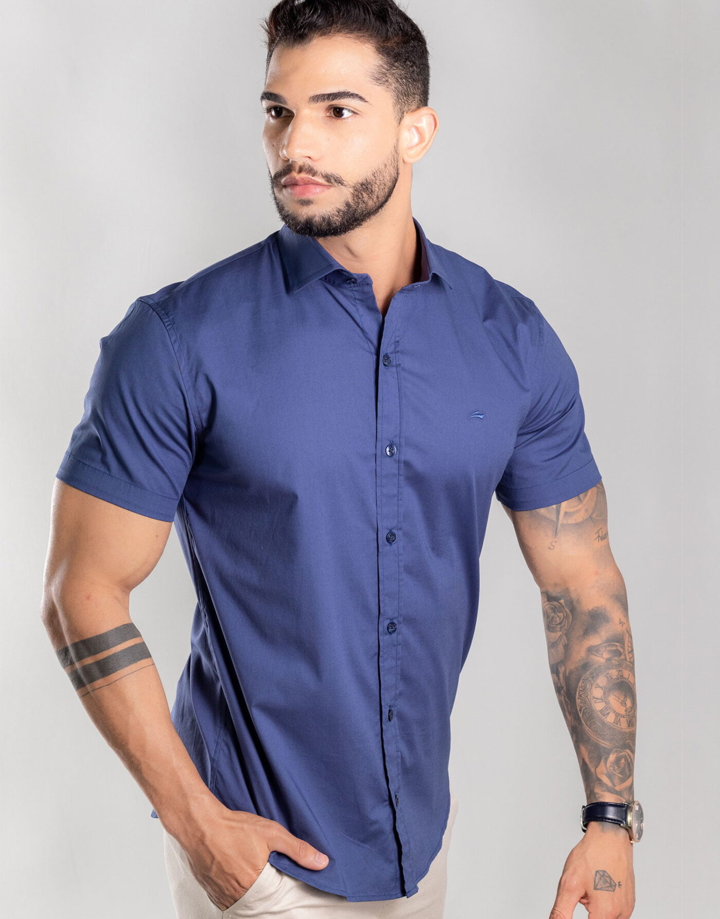 Camisa Masculina Manga Curta Slim Com Elastano