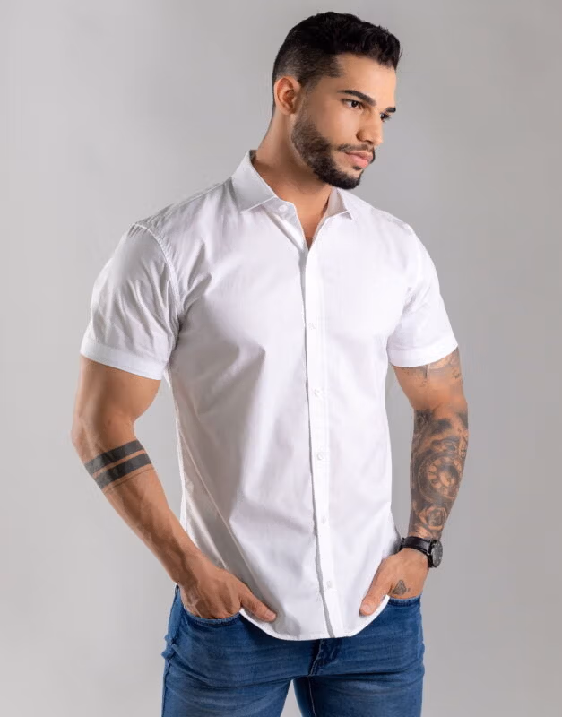 Camisa Masculina Manga Curta Slim Com Elastano