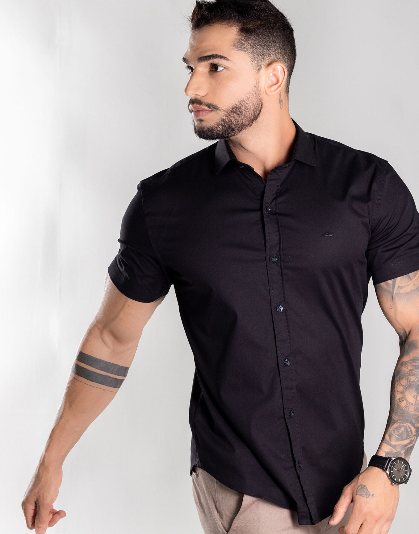 Camisa Masculina Manga Curta Slim Com Elastano