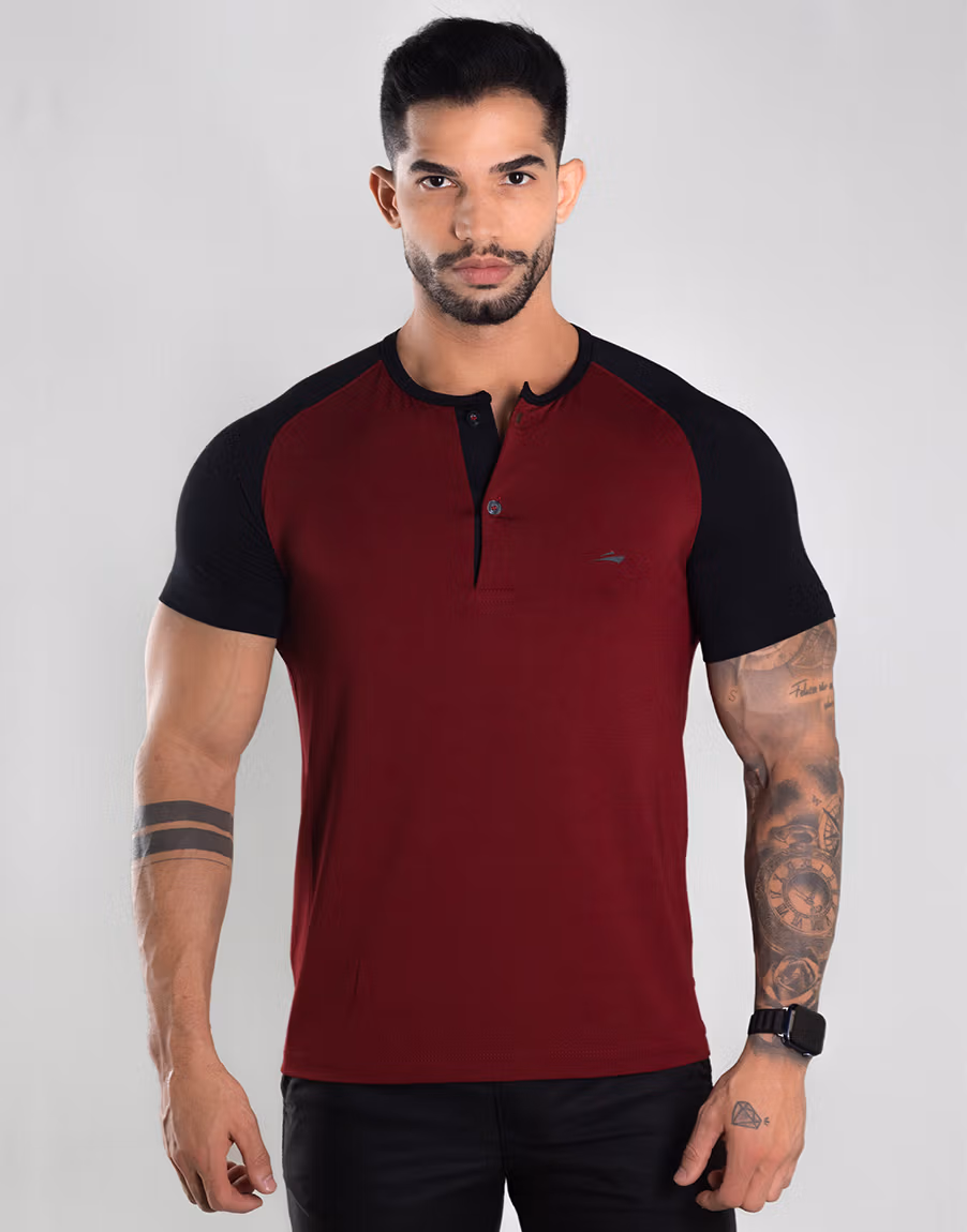 Henley Slim Fit Manga Curta Corte Raglan Masculina – Cor Marsala