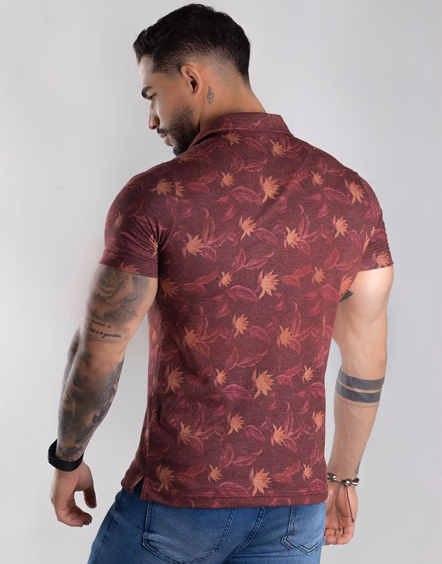 Camiseta Masculina Gola Polo Floral Estilo - Rosa - Imagem 4