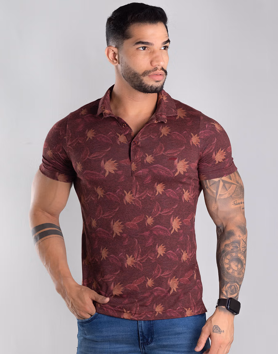Camiseta Masculina Gola Polo Floral Estilo - Rosa - Imagem 5