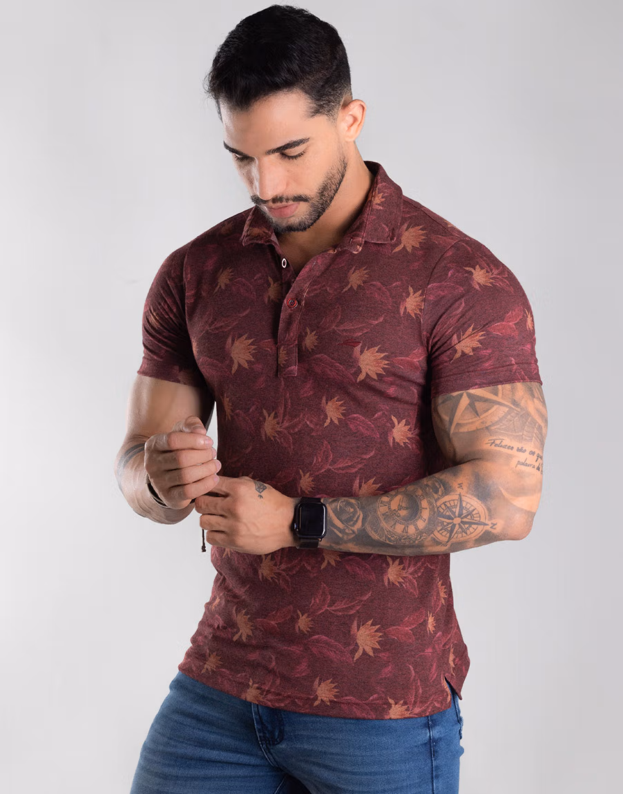 Camiseta Masculina Gola Polo Floral Estilo - Rosa - Imagem 6