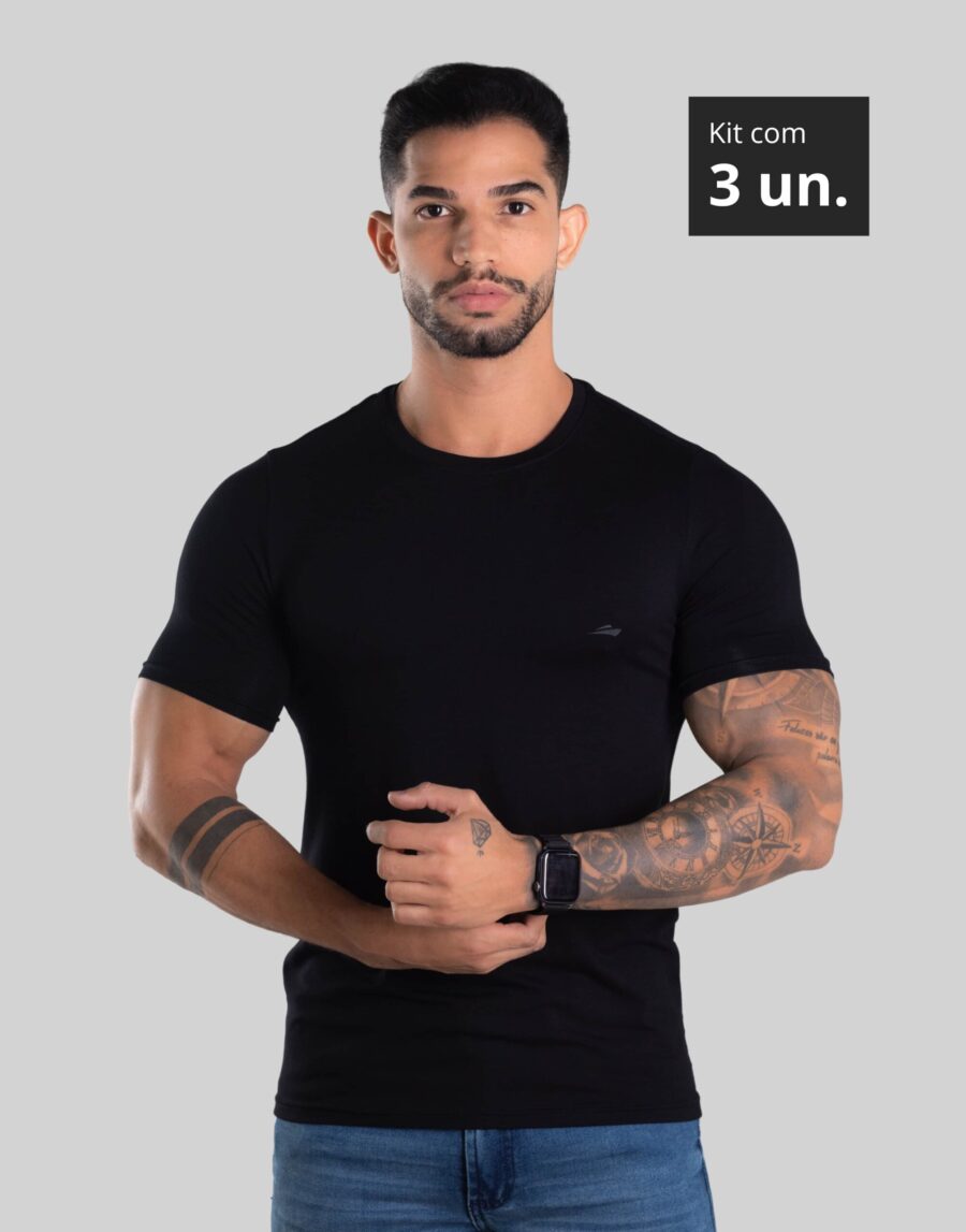 Kit 3 Camiseta Masculina Gola O Básica Com Elastano
