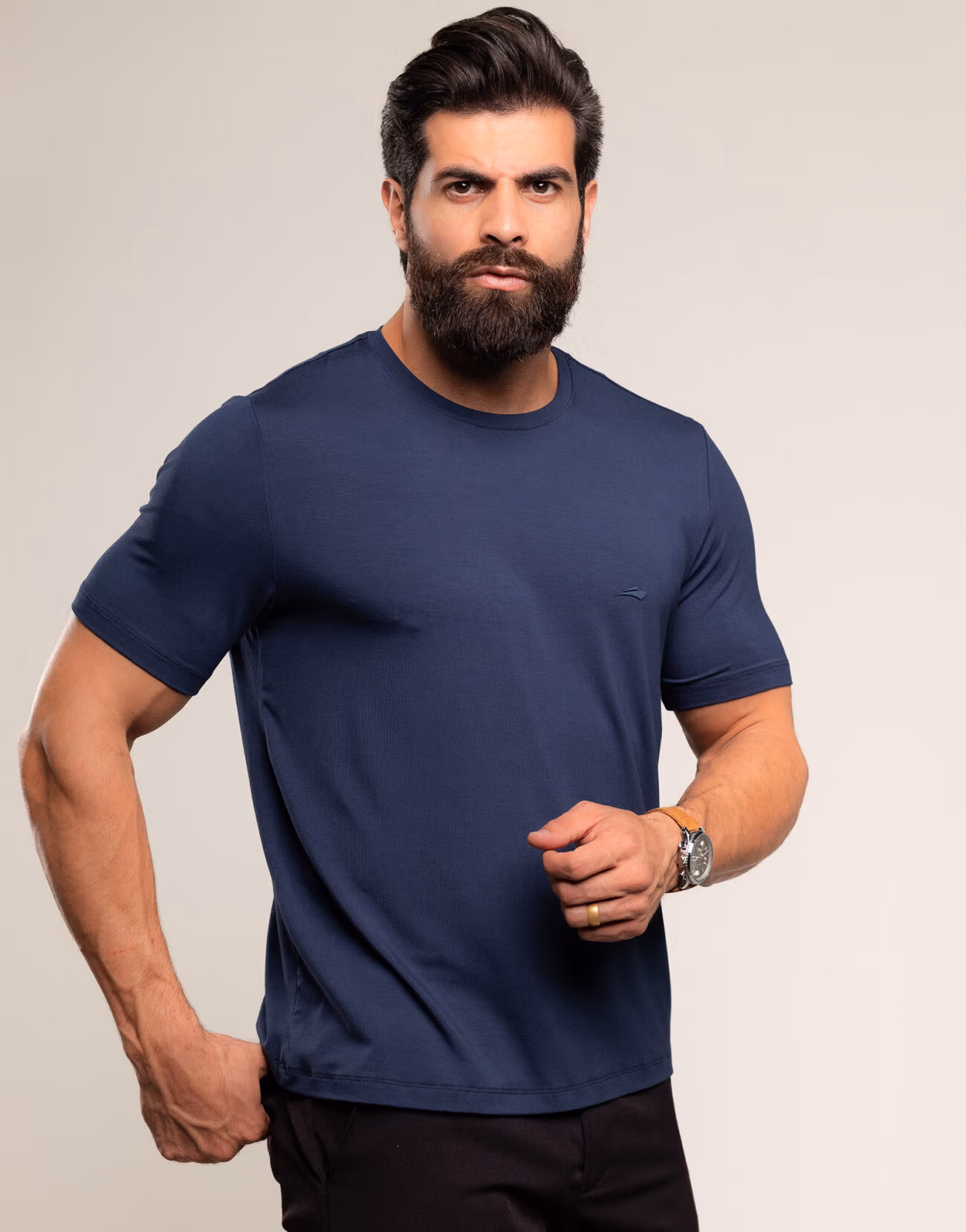 1703 Camiseta Masculina Basica Com Elastano Respiravel Cor Azul Marinho 1