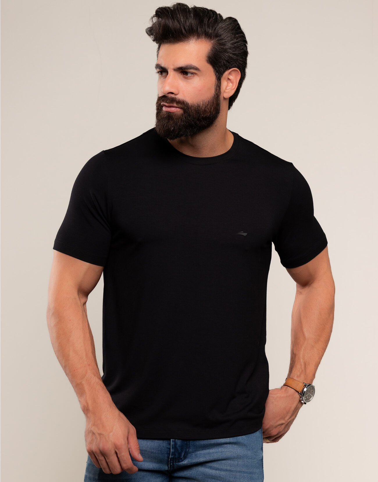 1703 Camiseta Masculina Basica Com Elastano Respiravel Cor Preta 1