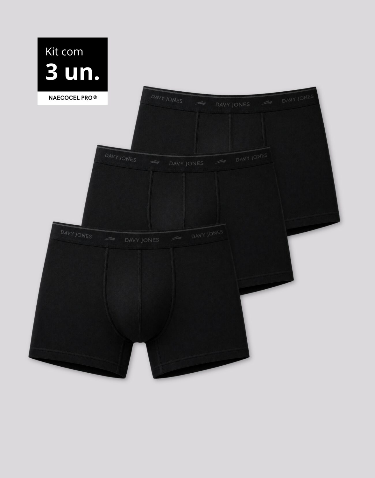 3 Pretas Kit Cueca Letras Cinzas Elastico Preto