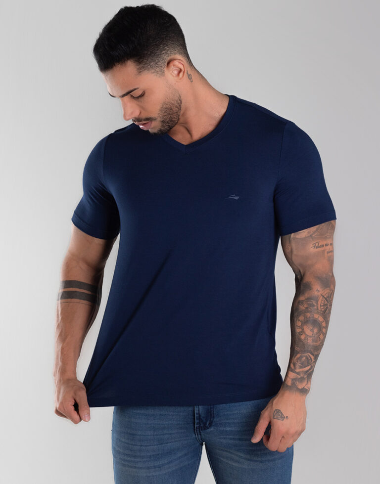 1703 Camiseta Gola V Masculina Anti Odor Absorve A Transpiracao Azul 1