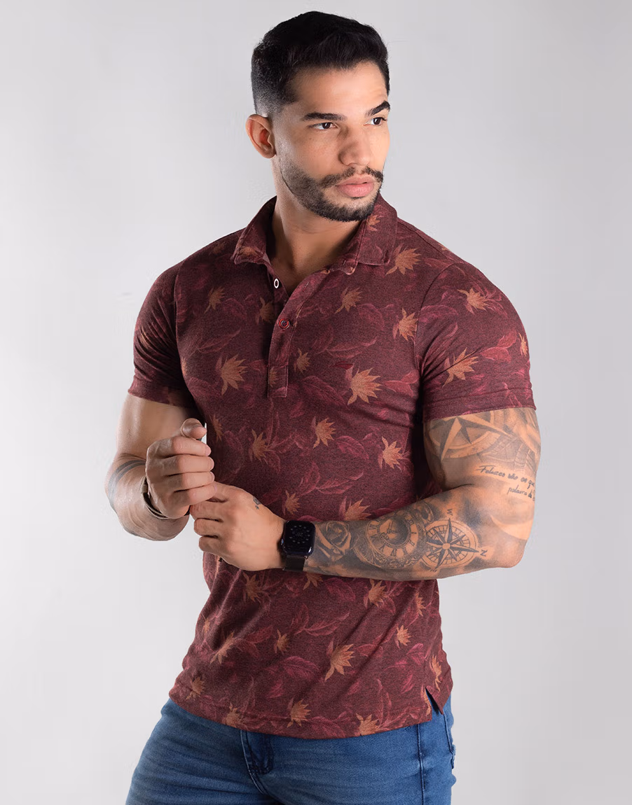 Camiseta Masculina Gola Polo Floral