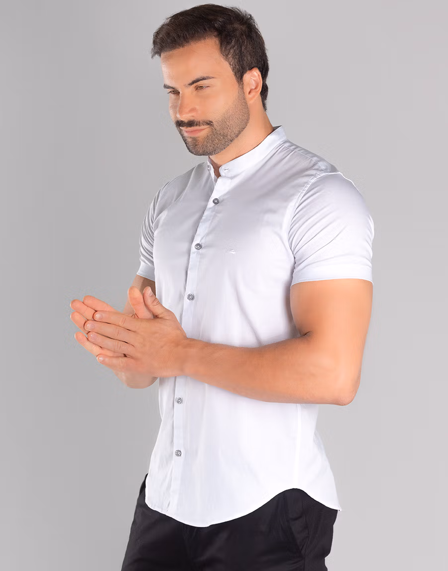 Camisa Gola Padre Masculina Manga Curta Conforto Elastano Slim Fit – Cor Branca - Imagem 3