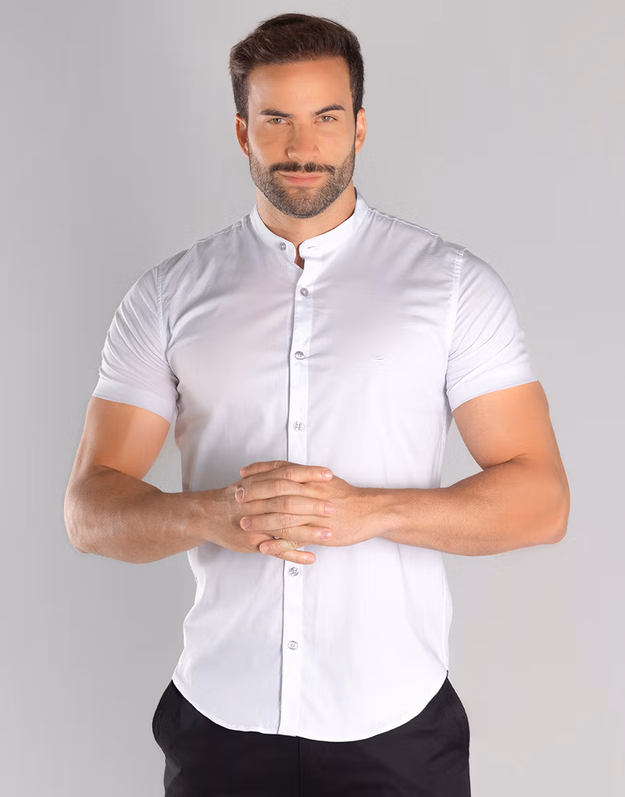 Camisa Gola Padre Masculina Manga Curta Conforto Elastano Slim Fit – Cor Branca - Imagem 5