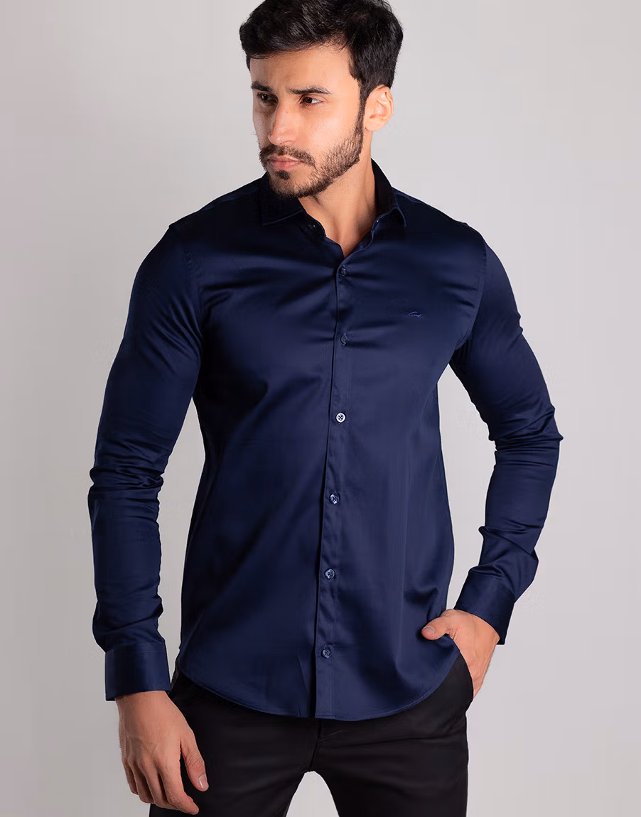 2709 Camisa Slim Cetim Manga Longa Azul 1