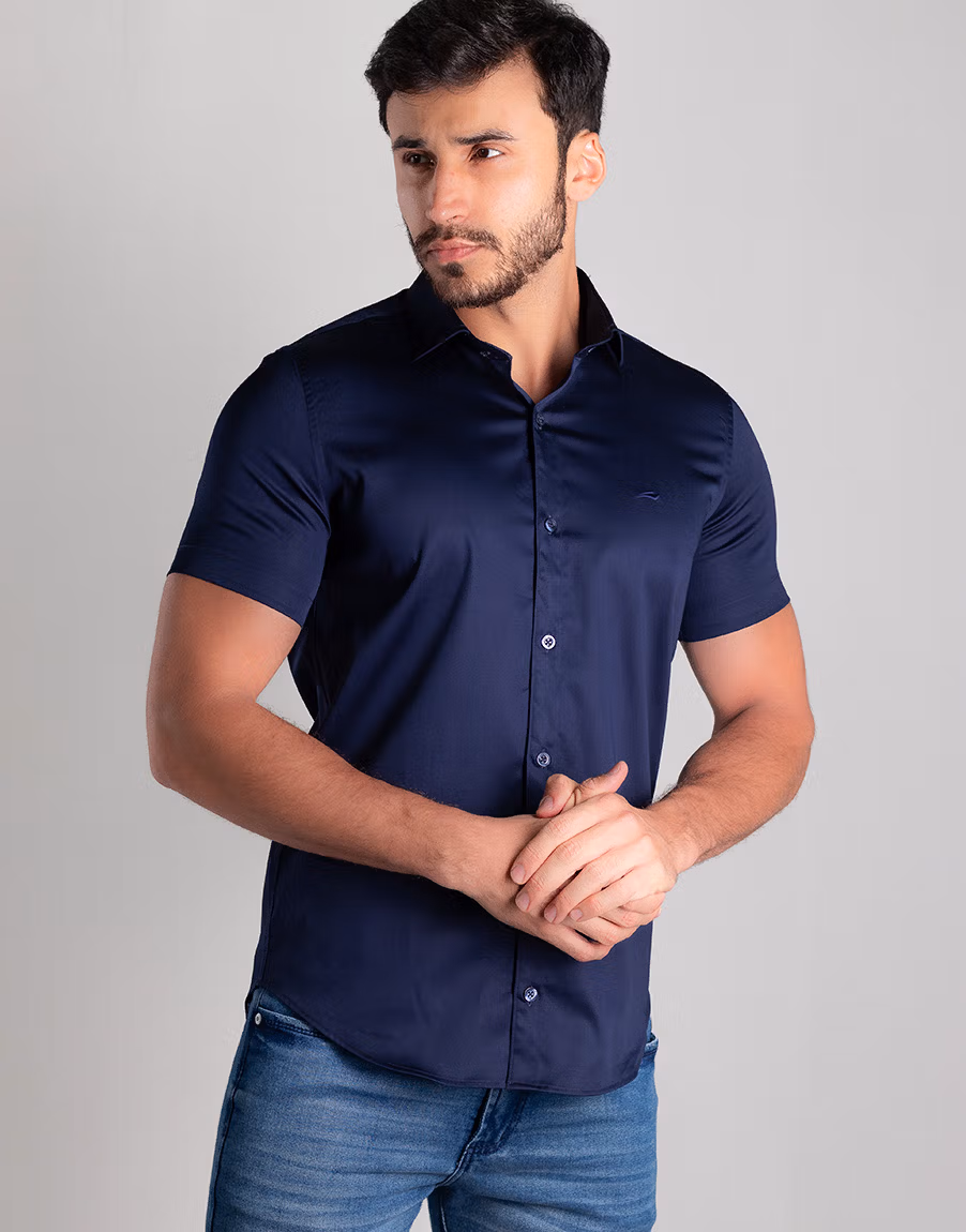 Camisa Social Masculina Manga Curta Cetim Premium Slim Fit – Cor Azul Marinho - Imagem 5