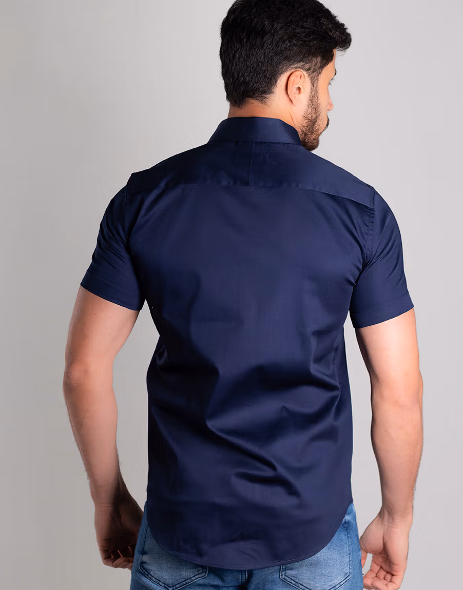 Camisa Social Masculina Manga Curta Cetim Premium Slim Fit – Cor Azul Marinho - Imagem 6