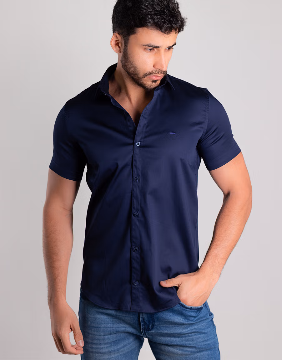 Camisa Social Masculina Manga Curta Cetim Premium Slim Fit – Cor Azul Marinho - Imagem 7