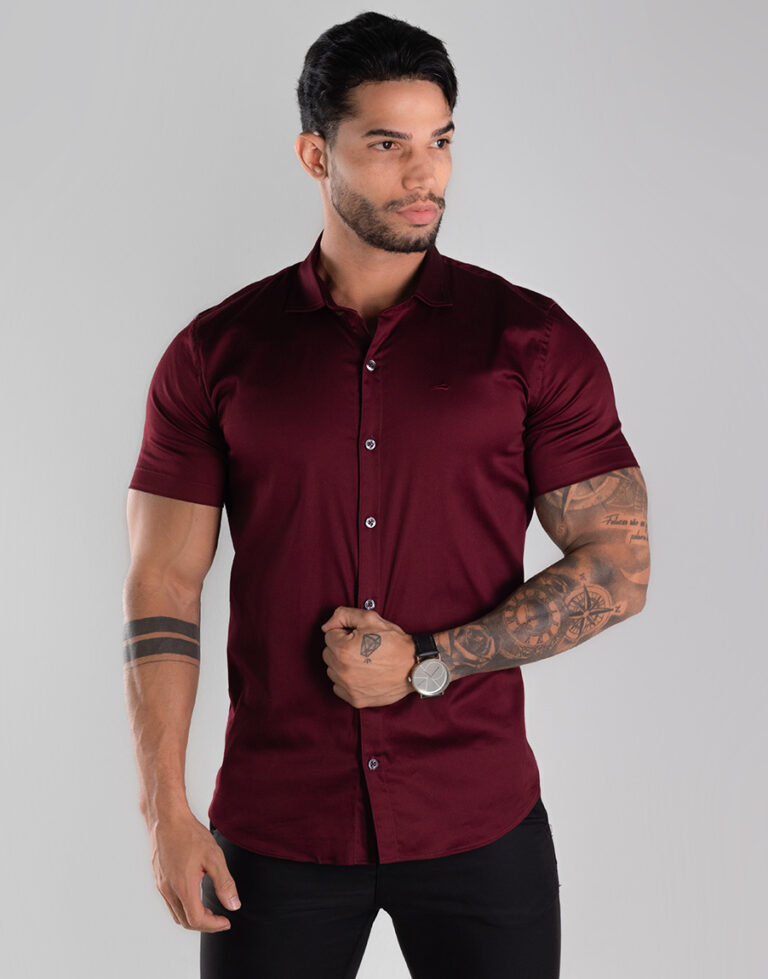 Camisa Social Masculina Manga Curta Cetim Premium Slim Fit – Cor Marsala 1