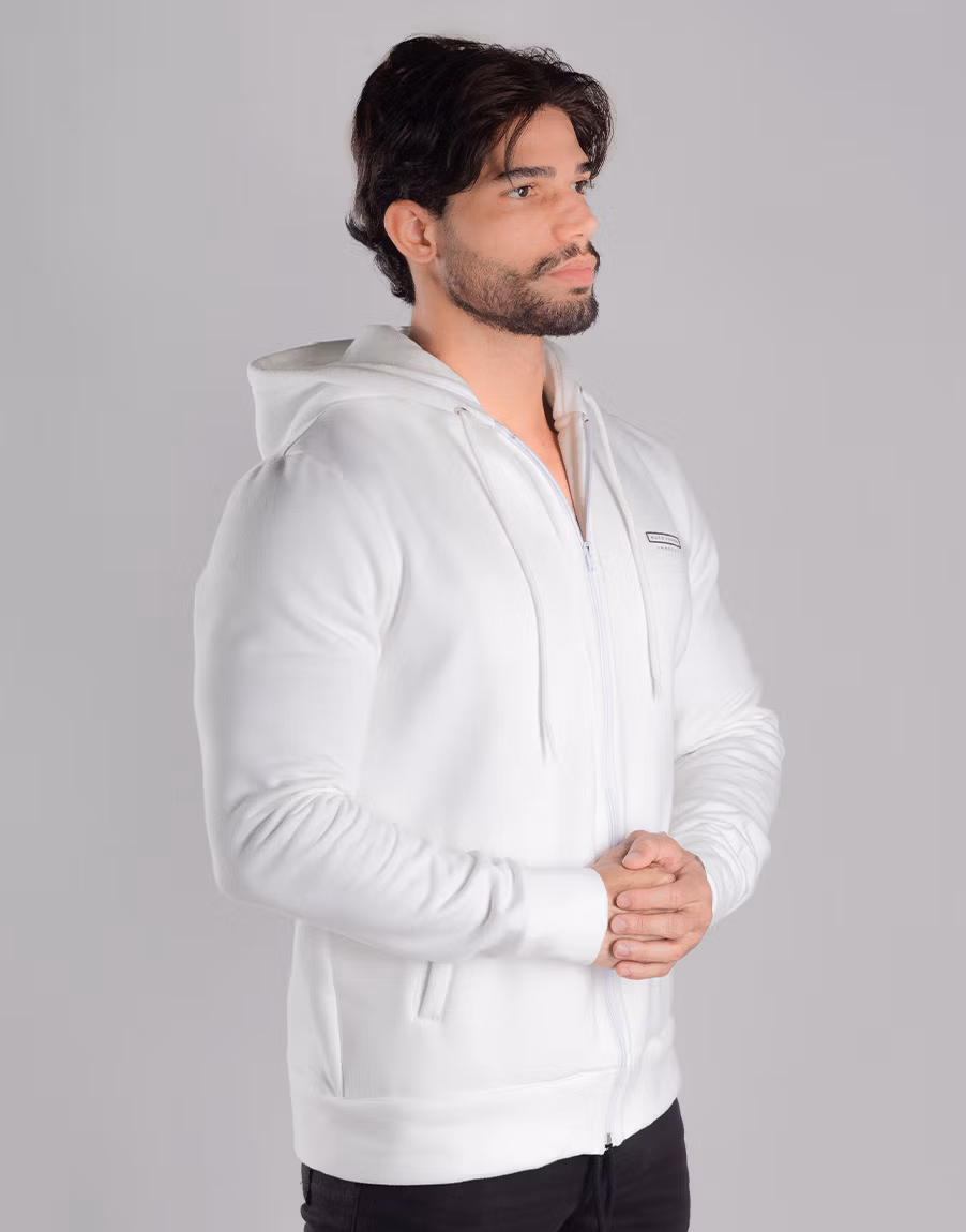Moletom Masculino Com Capuz E Zíper Conforto Premium – Cor Off-White - Imagem 4