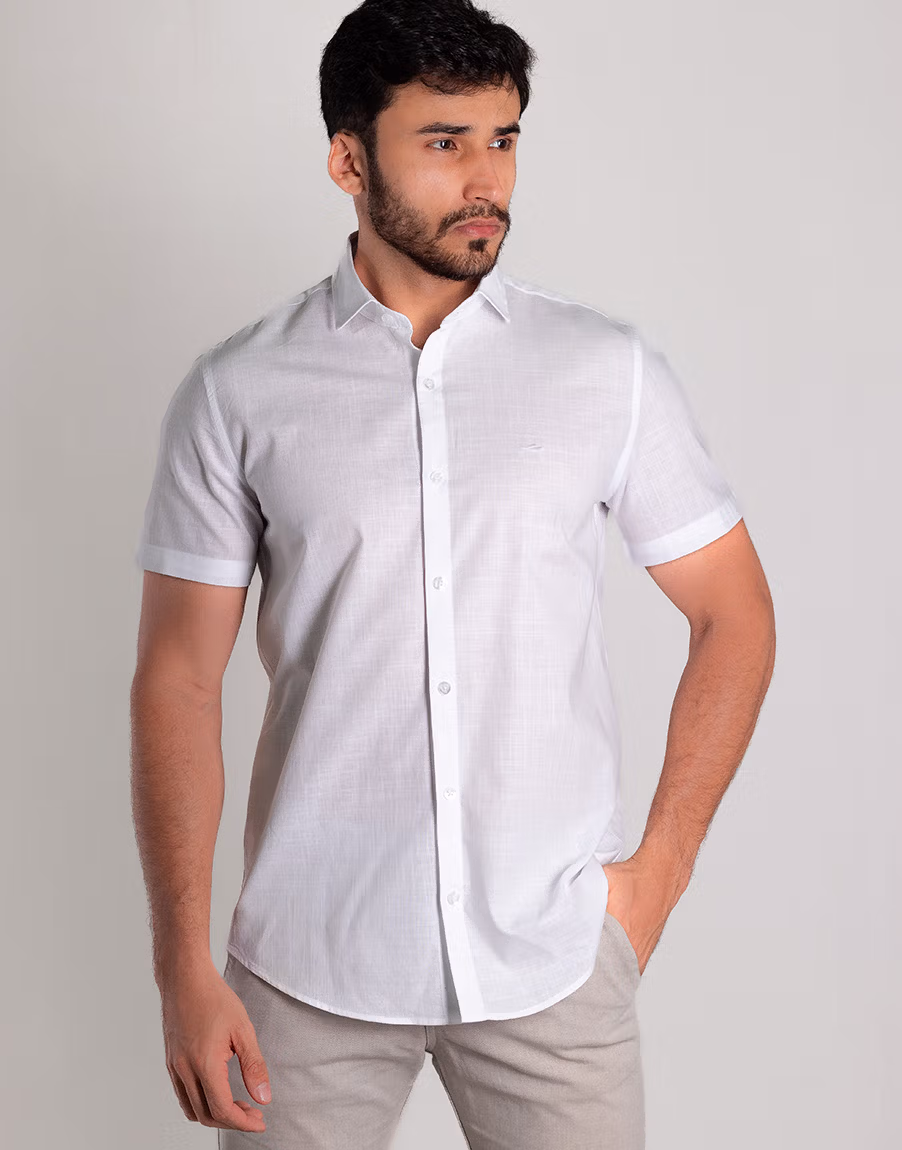 2816 Camisa Algodao Masculina Linho Texturizada Slim Fit Premium Branca 1