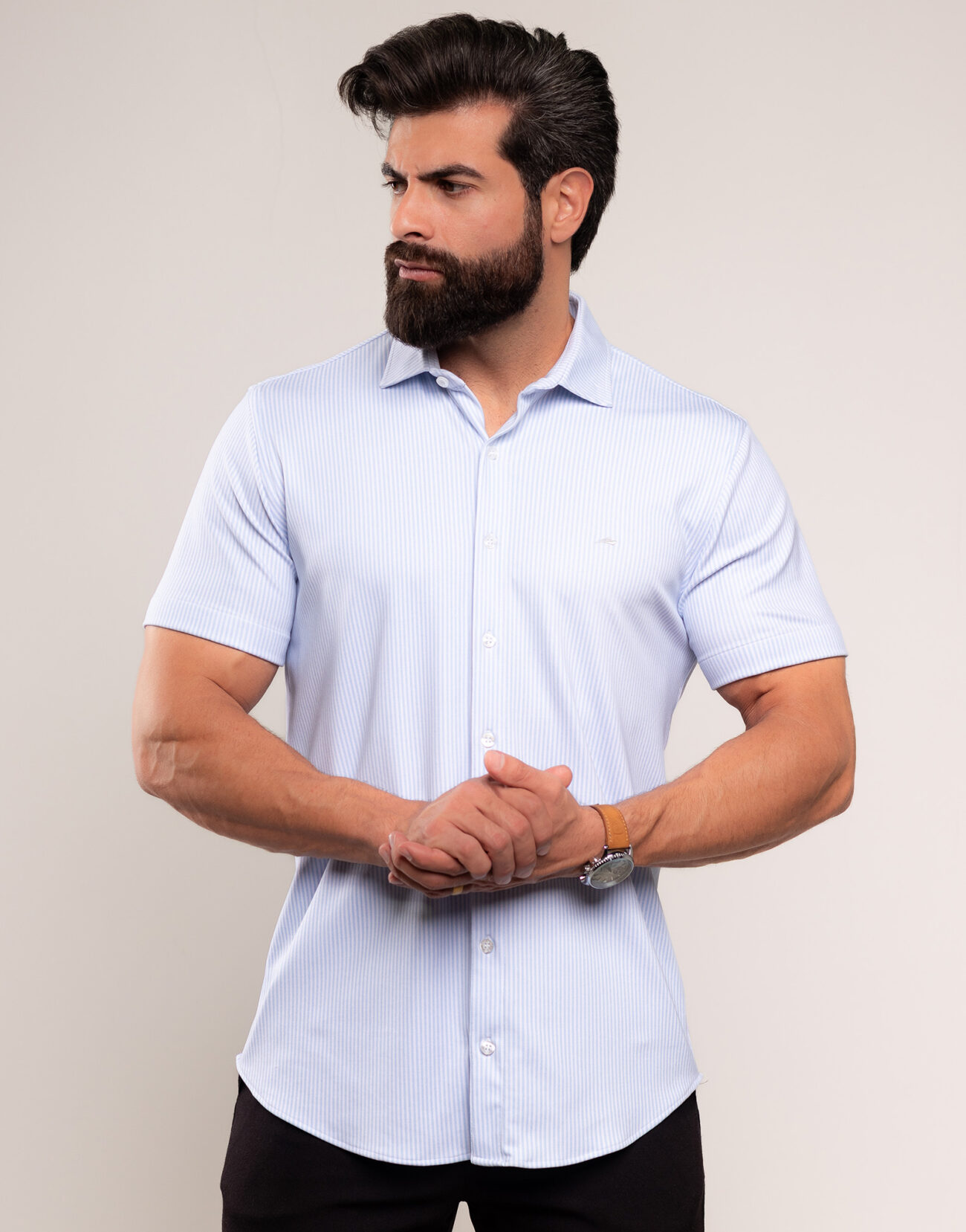 2817 Camisa Masculina Slim Listrada Com Tecnologia Anti Odor Azul 1