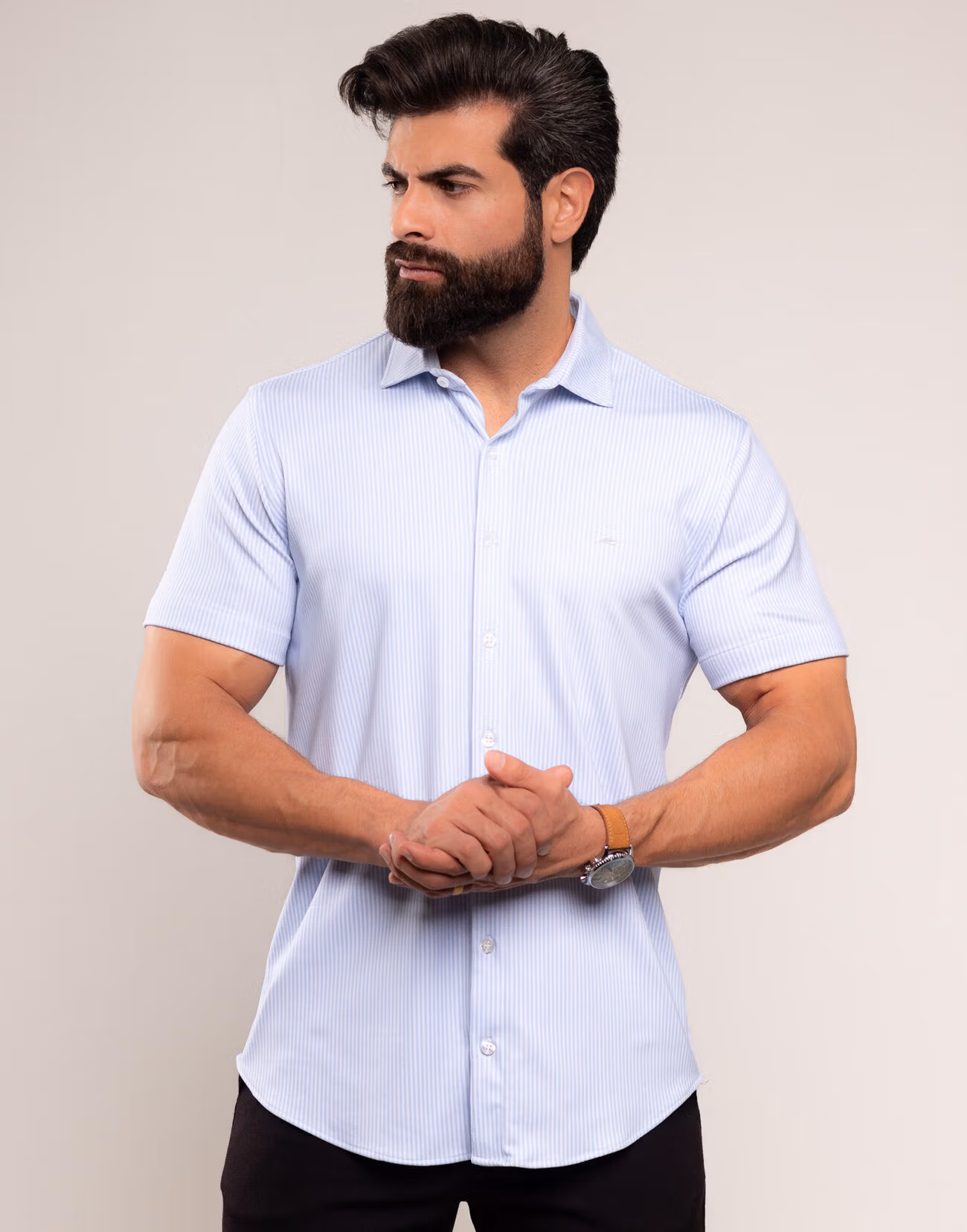2817 Camisa Masculina Slim Listrada Com Tecnologia Anti Odor Azul 1