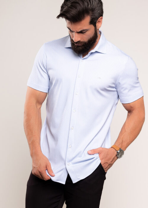 2817 Camisa Masculina Slim Listrada Com Tecnologia Anti Odor Azul 6