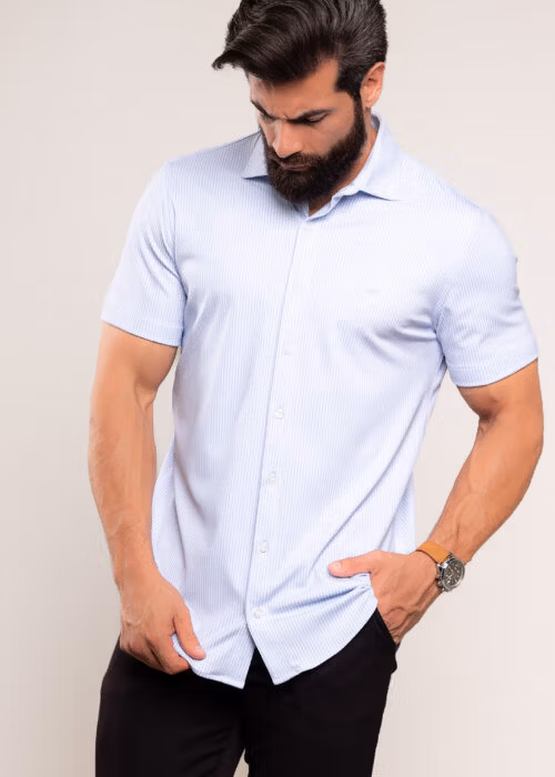 2817 Camisa Masculina Slim Listrada Com Tecnologia Anti Odor Azul 6